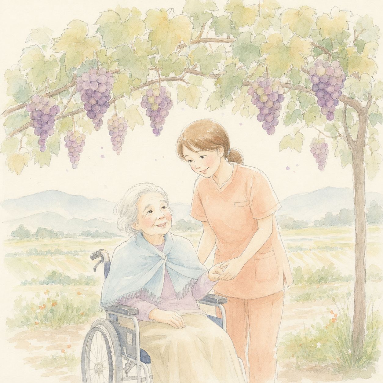 ぶどう棚の下で寄り添う利用者と職員のイラスト