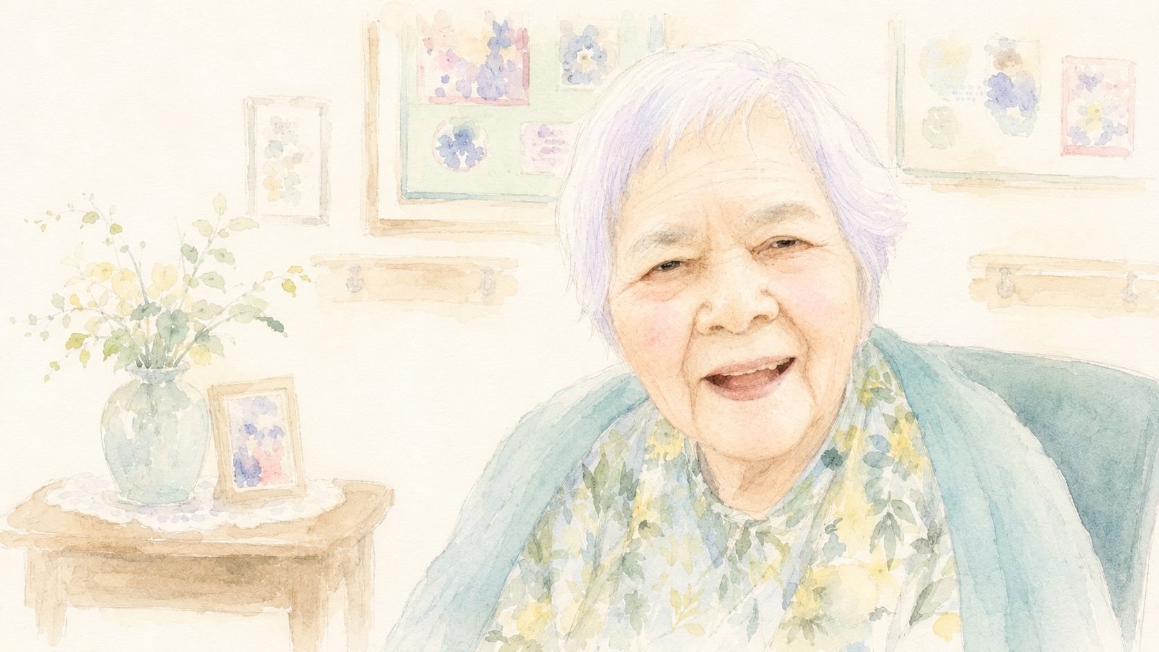 室内で穏やかに過ごす高齢女性のイラスト