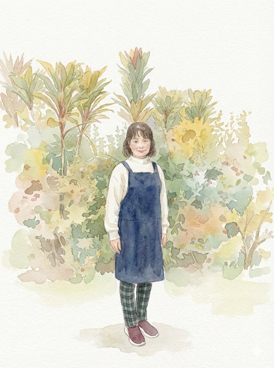 植物を背景に立つ人物のイラスト