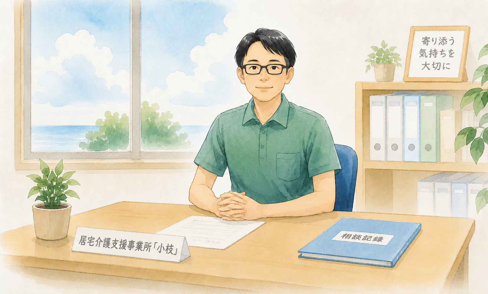 机に座る相談員のイラスト