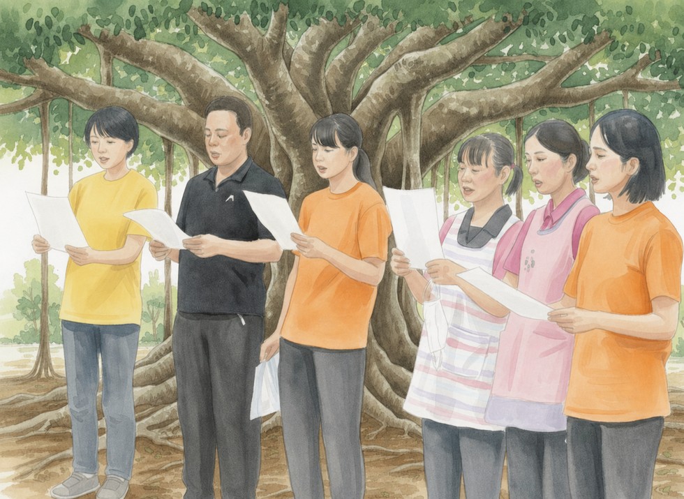 大きな木の前で並ぶ職員